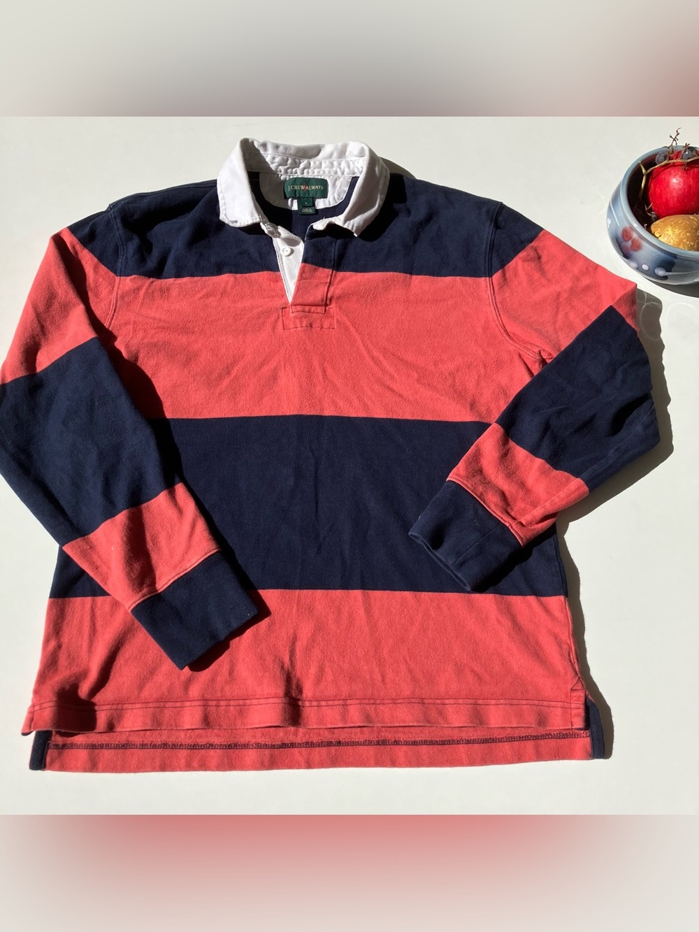 J. Crew Men’s Wide-Stripe Rugby Sweater - Coral & Navy with White Collar